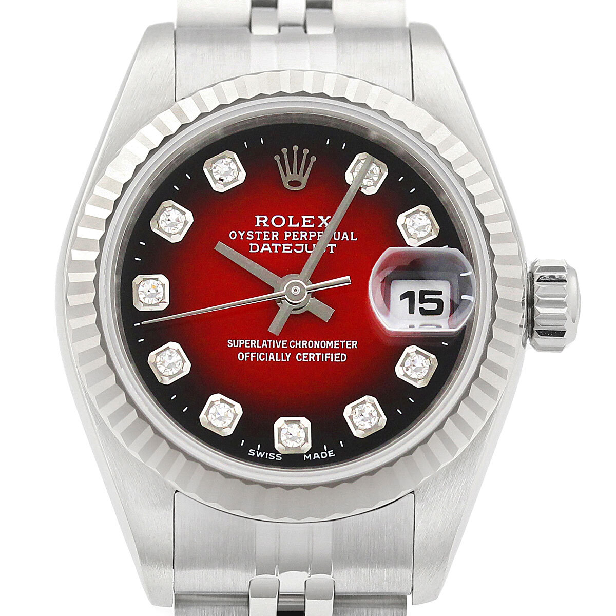 Rolex Ladies Datejust 69174 Red Vignette Diamond Dial 18K Gold SS Jubilee Watch