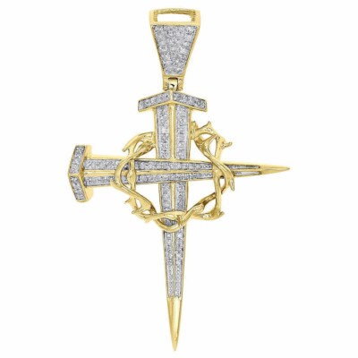 10K Yellow Gold Over Dagger Nail Diamond Cross Pendant Crown of Thorns  Charm 2CT