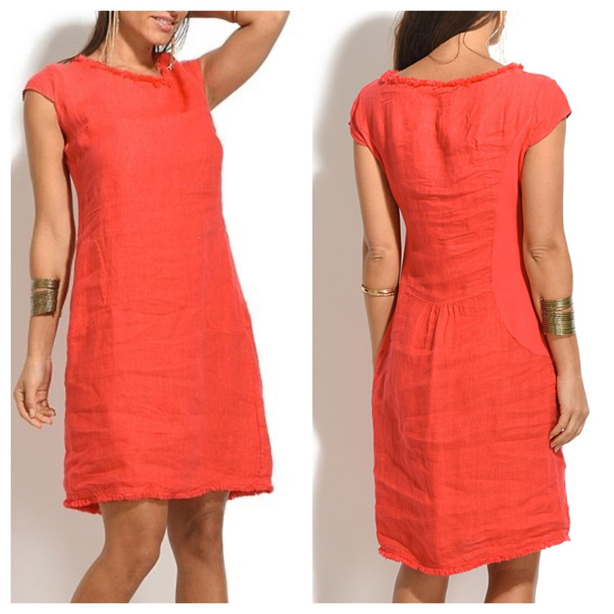 BOHABILLE PARIS Gala Dress 100% Linen Pink Cap Sleeves Fringe Trim Pockets  XL