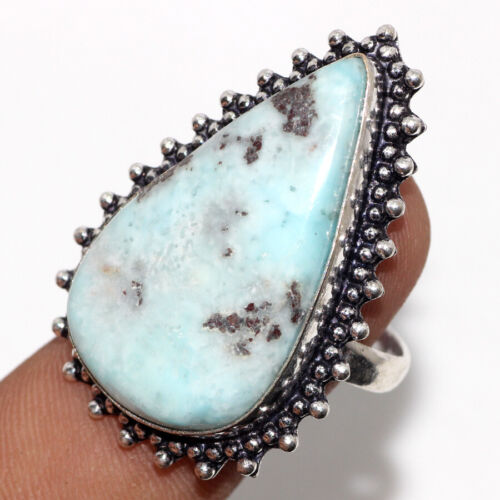 925 Silver Plated-Larimar Ethnic Handmade Gemstone Ring Jewelry US Size-9.5 JW - Picture 1 of 3