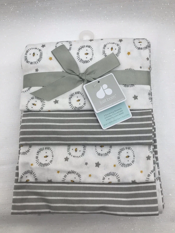 Just Born Baby Boy Girl 4-Piece Lion/Stripes Flannel Receiving Blankets Safari - Image 2 of 4