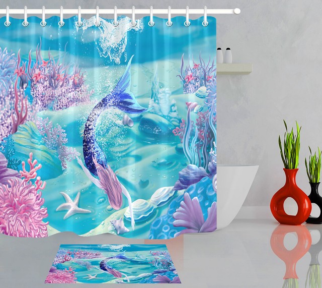 Waterproof Fabric Underwater Magic Mermaid Shower Curtain Set Bathroom