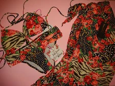 NWT Luli Fama BIKINI+Cover up/pareo La Vida Es UN Carnaval RED roses floral
