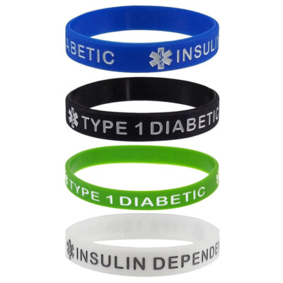 ''TYPE 1 DIABETIC INSULIN DEPENDENT'' Medical Alert ID Silicone Wristbands 4 Pack