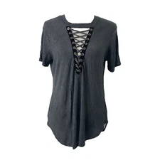Women's Medium Shirt Love J Grey Striped Short Sleeve Tunic Style V-Neck