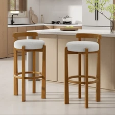 Contemporary Counter Stools with White Upholstery, Walnut Rubberwood, Set of 2
