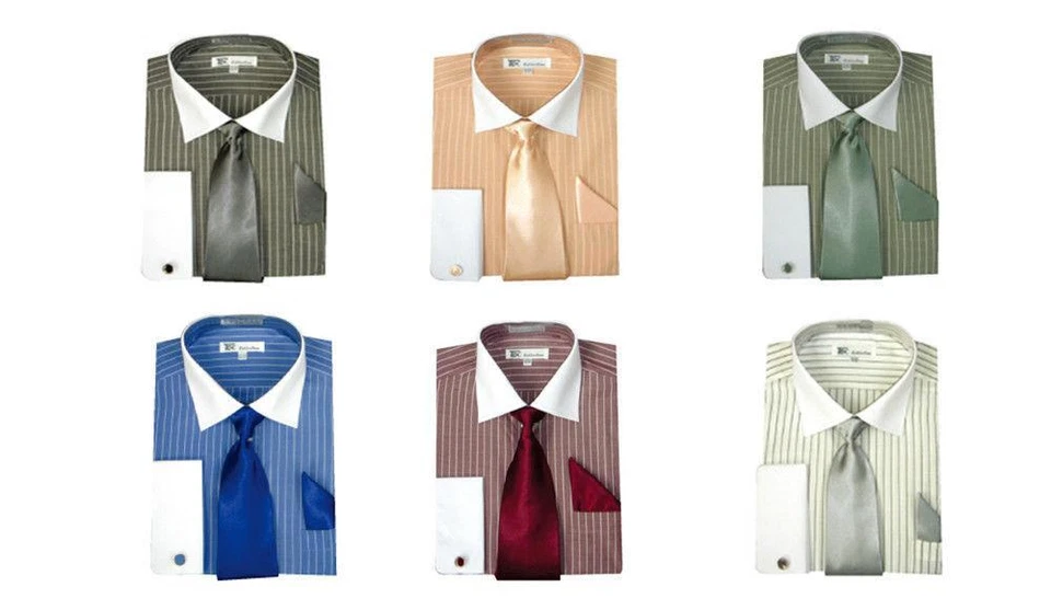 Men's Striped Formal Casual Dress Shirt with French Cuff Links,Tie and hanky  - Image 2 of 4