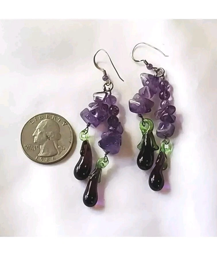  Amethyst & Glass Eggplant Earrings Beads  Purple Aubergines Cute  Veggie Quirky - Image 3 of 4