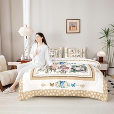 Cat Size Comforter,Flower Butterfly Bedding Set 7 Piece, Full Colorful Beige
