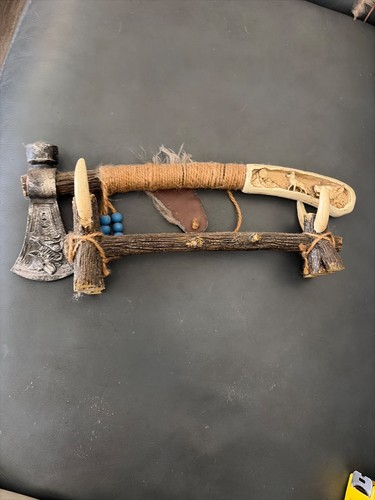 Decorative Resin Tomahawk w/ Stand Howling Wolves on Blade & Wolf Den on Handle