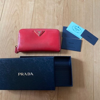 Auth PRADA Long Wallet Round Zipper Saffiano Leather Red w