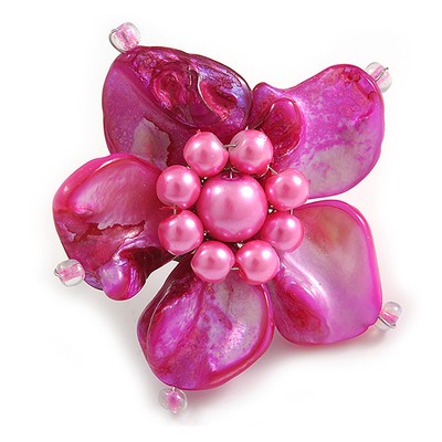 Fuchsia Muschel und rosa Kunstperlen Blume Ringe (silberfarben) - 50 mm Durchmesser -