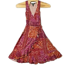 LAUREN RALPH LAUREN Red Pink Tan Sleeveless Patchwork Print Faux Wrap Dress Sz L