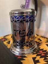 Vintage Pierced Metal Tea Caddy Art Deco Oriental Insert Blue Silver Container
