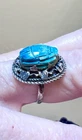 Wonderful Vintage Egyptian Designer Sterling Silver & Carved Faience Scarab Ring