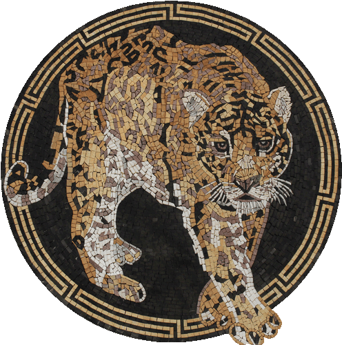 Wild Leopard innen Medaillon mit griechischen Schlüsseln Bordüre Marmor Mosaik - Bild 1 von 1