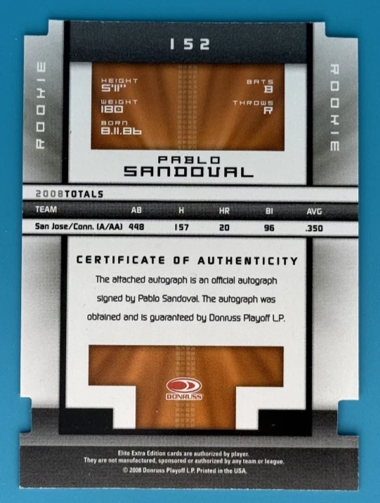 Pablo Sandoval (RC, AU, /25) 2008 Donruss Elite Extra Ed. Status RedDie-Cut #152 - Image 2 of 2
