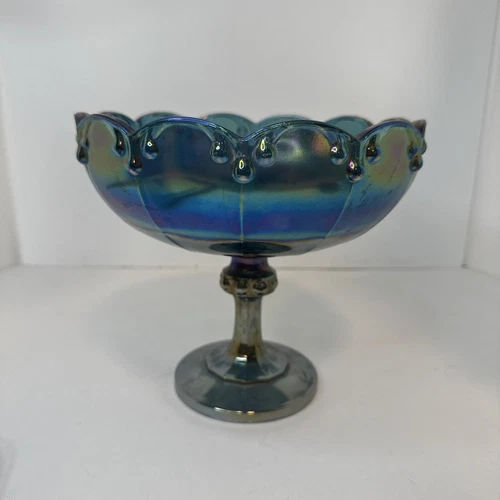 Vintage Indiana Glass Pedestal Bowl Carnival Glass Peacock Blue Garland 7.5”