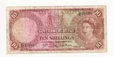 1962 Fiji 10 Ten Shillings Banknote - QEII - P# 52c - VG - # 34454