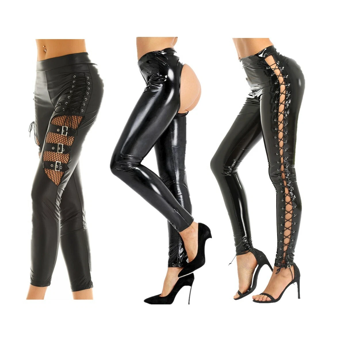 Skinny Legging Women Leather Pants Stretch Wet Look Lace Up High