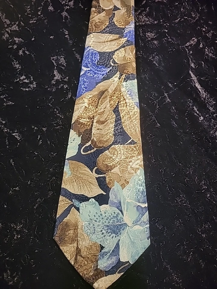 Camisa de Colección Don Loper Eurosilk Para Hombre Corbata Azul Dorado Floral Traje Profesión Foto 2 de 4