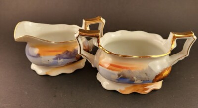 Hand Painted Occupied Japan Creamer And Open Sugar Swan Lake Scene Gold Trim 