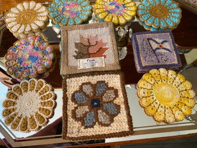 SET OF TEN CROCHETED & HOOKED COLORFUL COASTERS