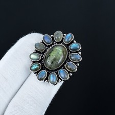Natural Labradorite Gemstone Flower Ring 925 Sterling Silver Handmade Jewelry