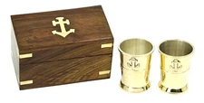Brass Shot Glasses in Hand crafted Wooden Box Nautical Decor