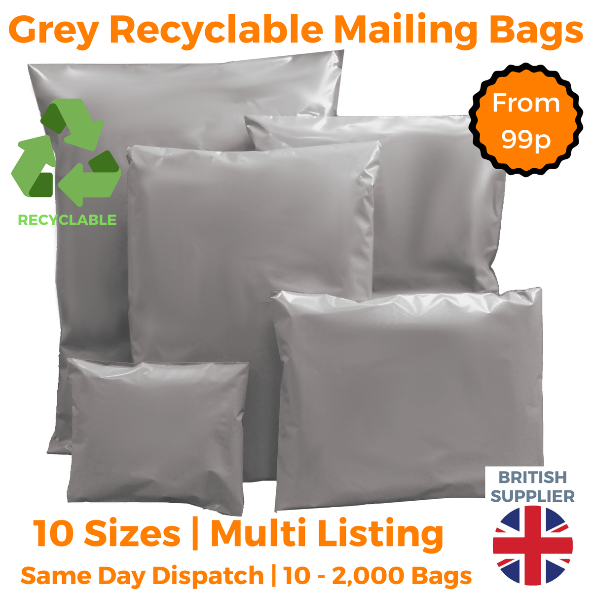 UK TAPES Strong Grey Mailing Bags - Self-Seal Poly Postal Sacks (Multi-Pack)
