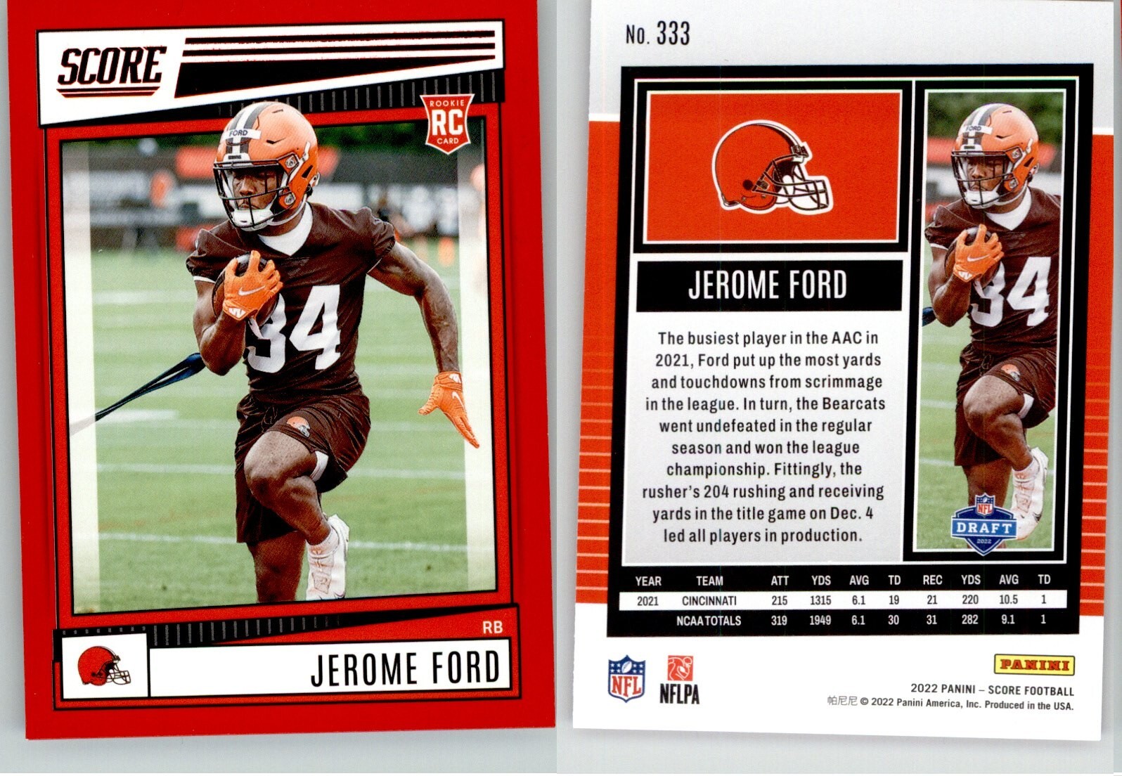 Jerome Ford 2022 Score Red Border #333 RC Rookie Cleveland Browns