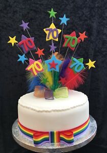 70th Birthday Cake Topper Multicoloured Feathers 1 Metre Of Ribbon & Bow