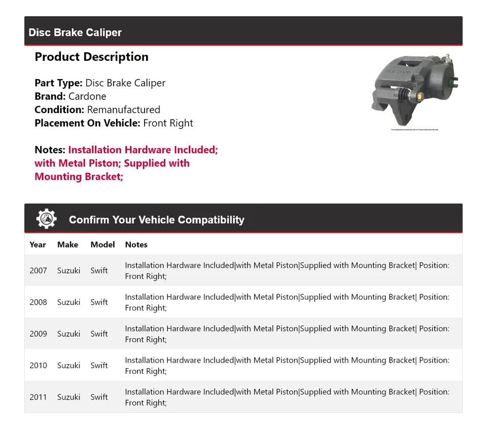 Pinza de freno de disco delantera derecha Cardone 2008 2009 2010 para Suzuki Swift 2007-2011 Foto 2 de 4