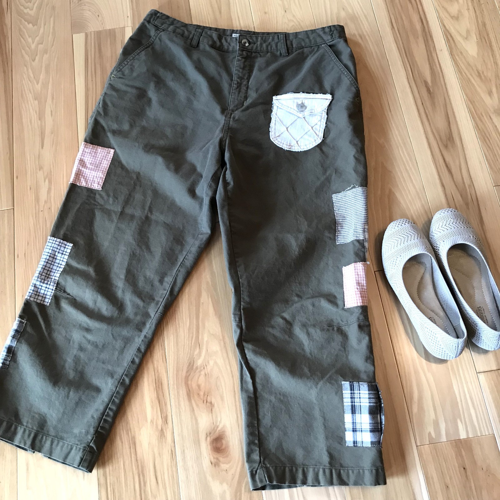 Upcycled Patchwork Cropped Pants | Boho Olive Gre… - image 1