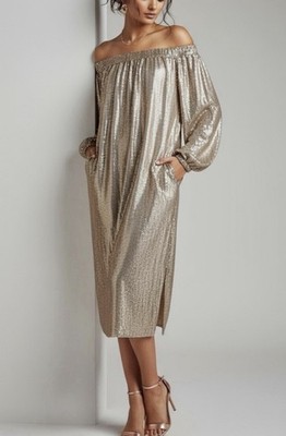 Anthropologie Mare Mare Gold Calliope Off Shoulder Sequin Midi Dress XS Pockets