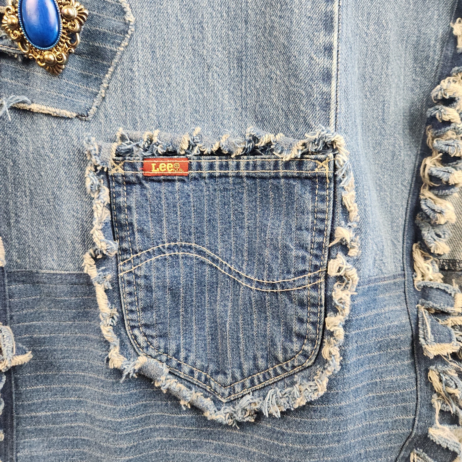 Handmade Denim Patchwork Poncho Jacket Fringe Boh… - image 8