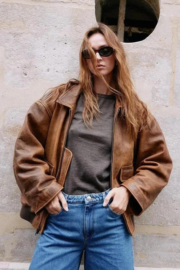 Oversized Brown Leather Jacket 90s Women Genuine Leather Bomber Oversize Jacket
