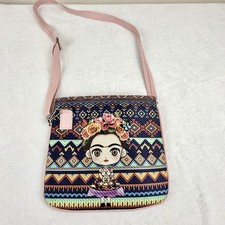 Borsa a tracolla anime Frida Kahlo con scimmia rosa vegan pelle boho stravagante