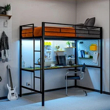 HOMCOM Twin Loft Bed with Power Outlets Metal Loft Bed Frame Rustic Brown