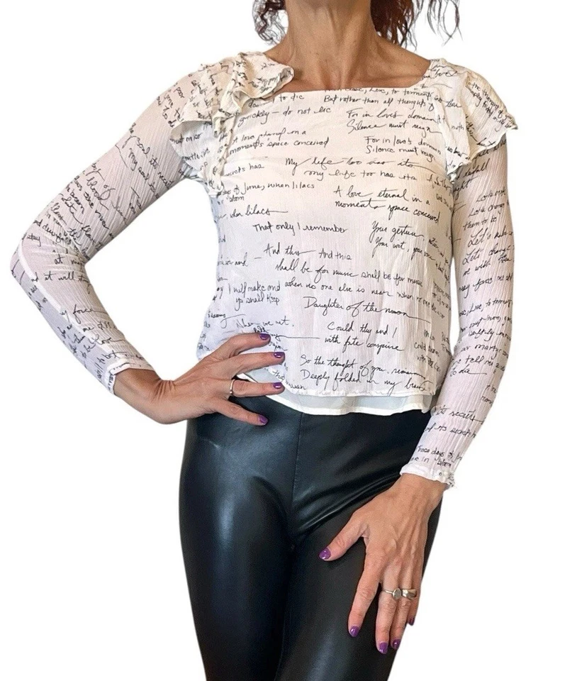 CLUB MONACO  XS  WHITE SCRIPT  WRITING  SILK BLOUSE CROP  TOP TEXTURE RUFFLE - Image 2 of 4