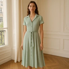 Monoprix Femme Prairie Chic Striped Belted Button Down Midi Shirt Dress 36