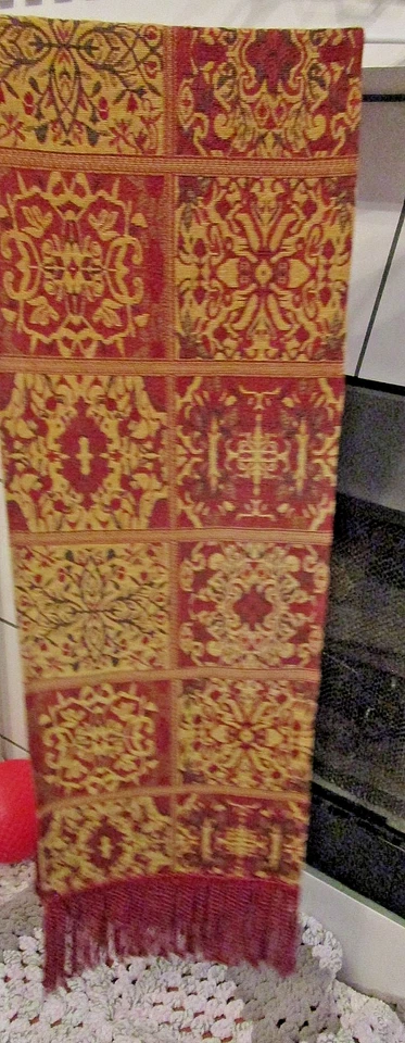 Vtg Burgundy Gold Tapestry Table Runner with Fringe Jacquard Bed or Table - Image 2 of 2