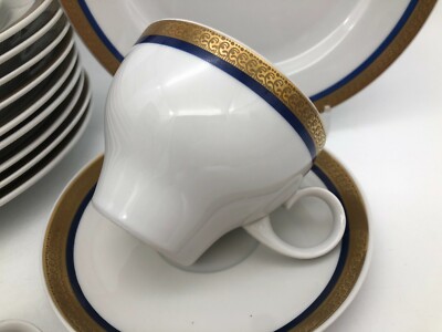2x 3tlg  KaffeeTasse Teller Kahla DDR Pozellan blau Goldrand-bordüre - mehr da