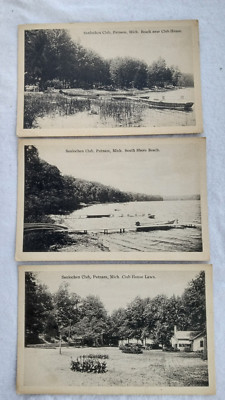3 PUTNAM MICHIGAN POSTCARD 1920 SANLOCHEN CLUB LAWN BEACH PENTECOST MI POSTMARK