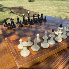 086_Vintage plastic Soviet chess set USSR. Chessboard 40x40 cm. Antique wooden