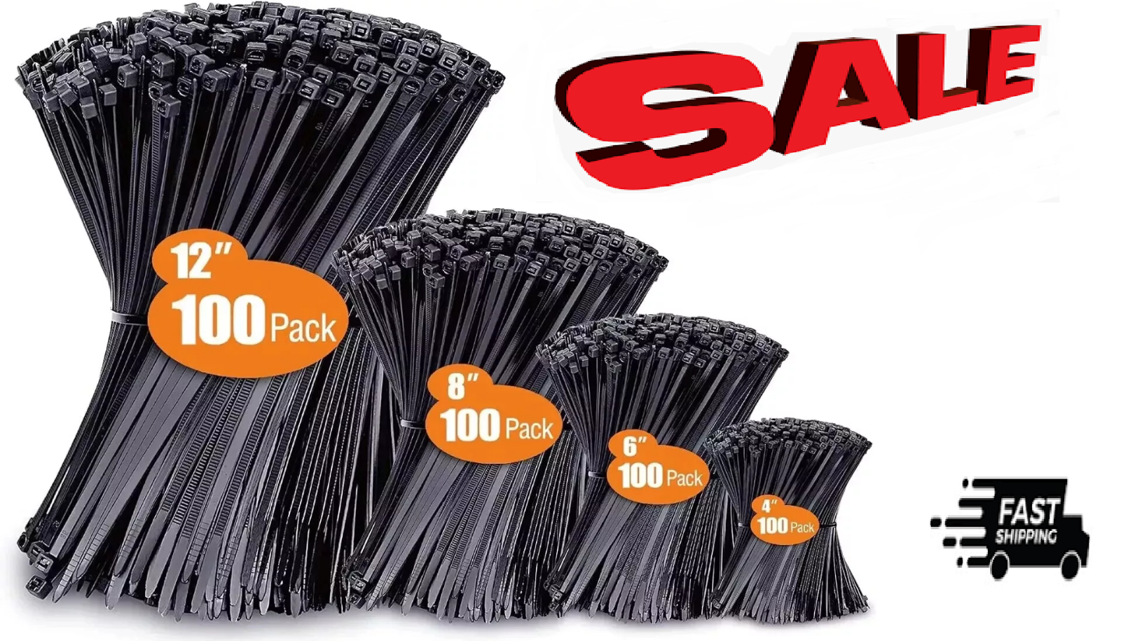 Zip Ties Assorted Sizes(4”+6”+8”+12”), 400 Pack, Black Cable Ties, UV Resistant