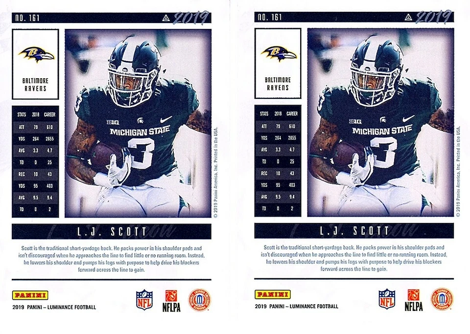 L.J. SCOTT 2019 PANINI LUMINANCE GREEN ROOKIE PARALLEL 161 12/49 & BASE 161 - Image 2 of 2