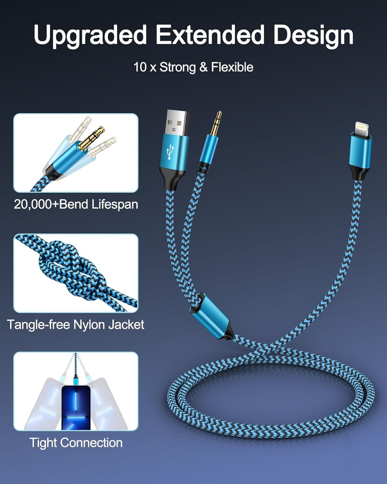 Car Aux Cord for Iphone, Lightning to 3.5Mm Male Audio 2In1 MFI