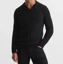 REISS Sweater Mens Medium Black Pullover Collared V-Neck Cableknit Jumper $190