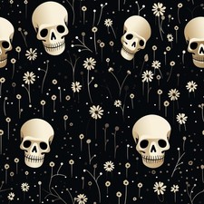 Skulls and flowers on a black Printed Cotton Fabric By The Yard